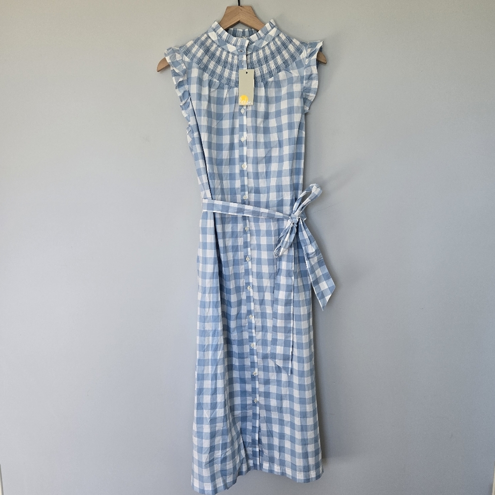Boden Dusty Blue Gingham Midi Dress Size 10 Cotton Checkered Sundress - Picture 2 of 9